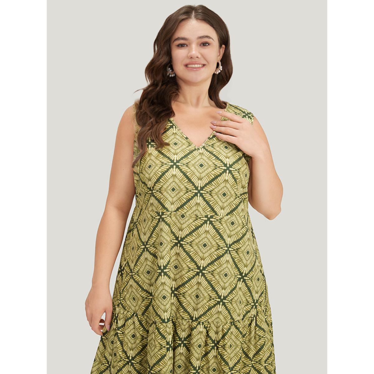 Plus Size Geometric Print Pocket Tank V Neck Dress Moss Women Vacation Printed V-neck Sleeveless Curvy Midi Dress BloomChic 14-16/1X Product Image