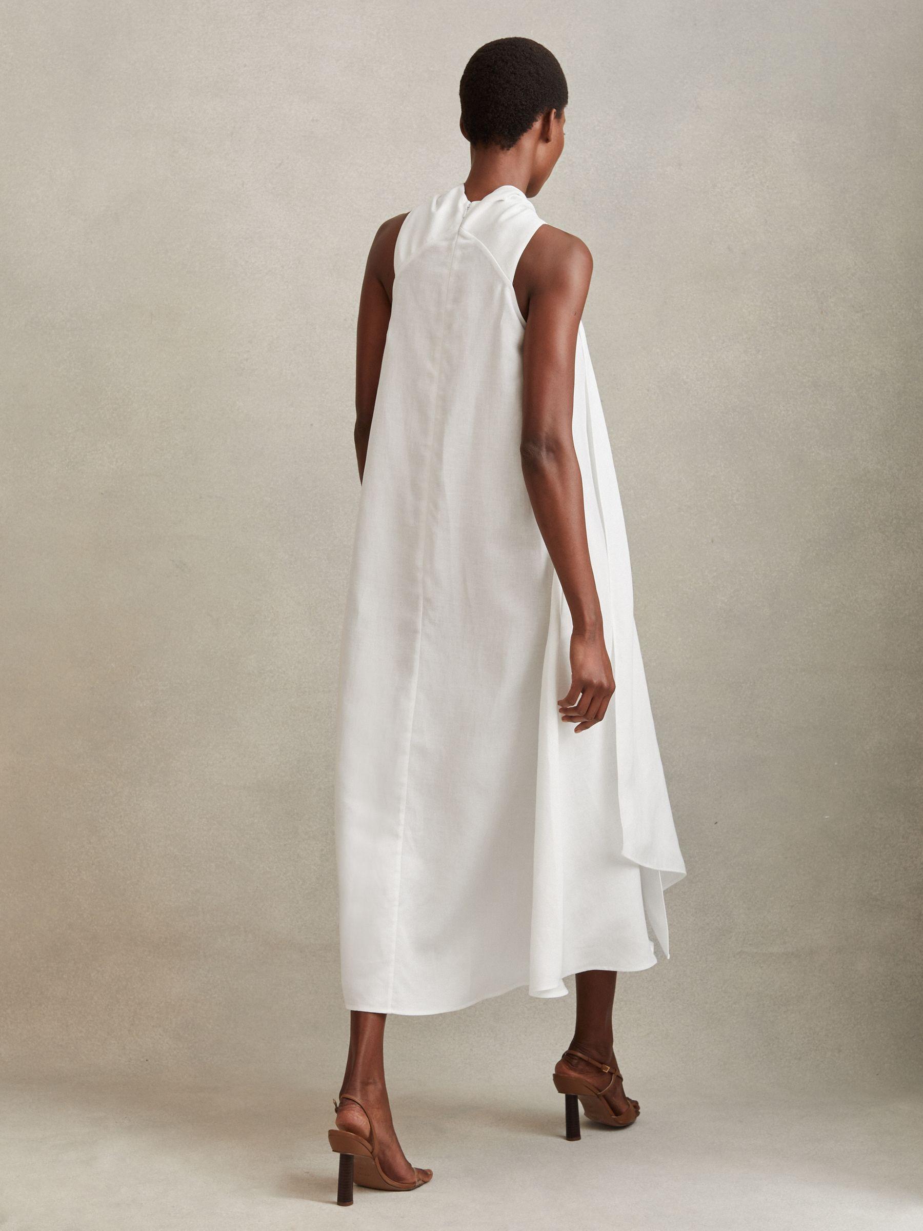 Linen Blend Drape Midi Dress in White Product Image