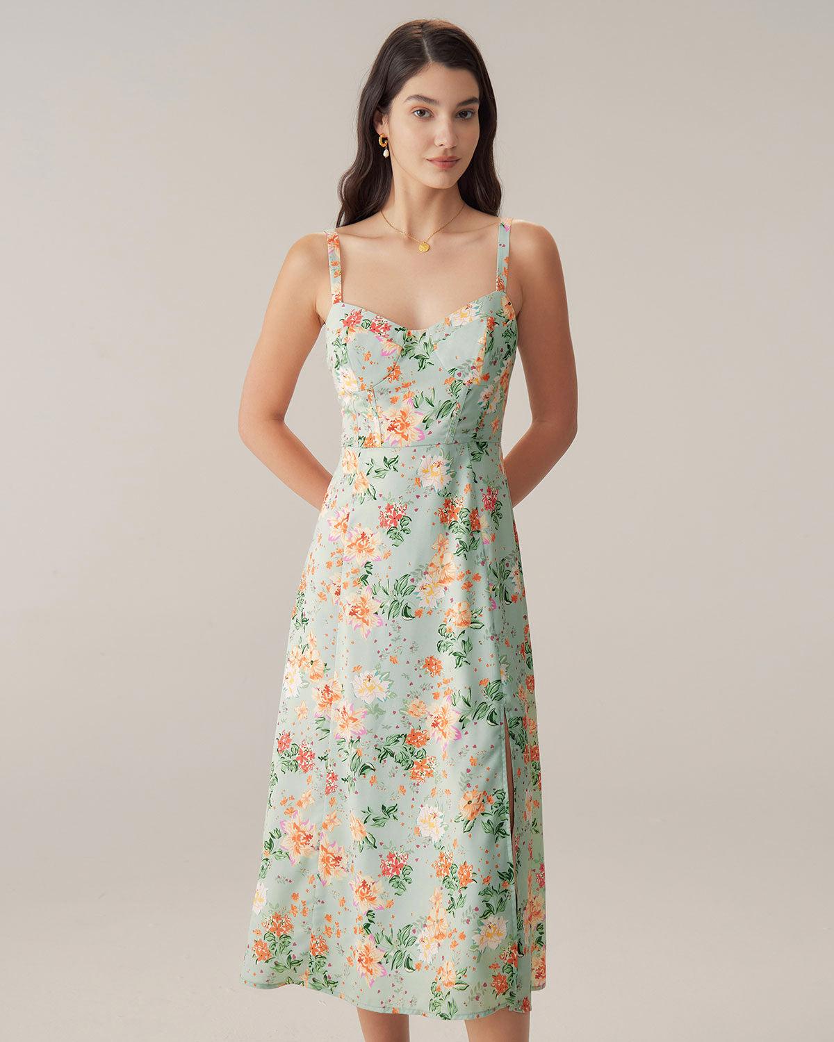 Green Floral Sweetheart Neck Slip Midi Dress Product Image