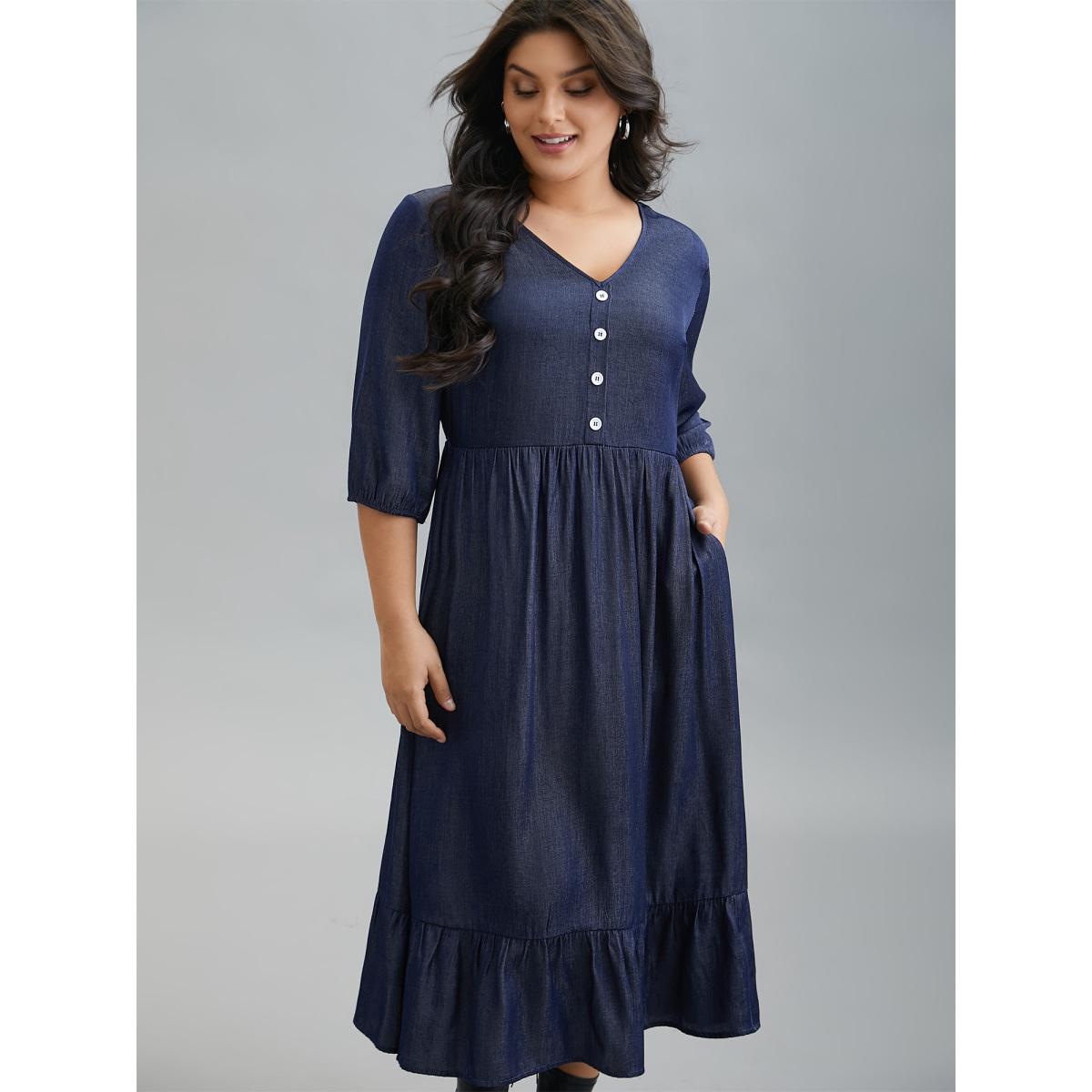 Plus Size V-Neck Button Tiered Maxi Dress Mediumblue Women Casual Button V-neck Elbow-length sleeve Curvy BloomChic 12/L Product Image