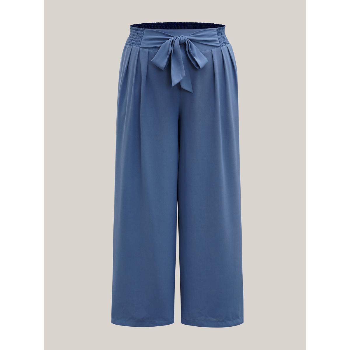 Plus Size Smocked Waist-Tie Flared Pants Women Mediumblue Elegant Wide Leg Mid Rise Everyday Pants BloomChic 18-20/2X Product Image