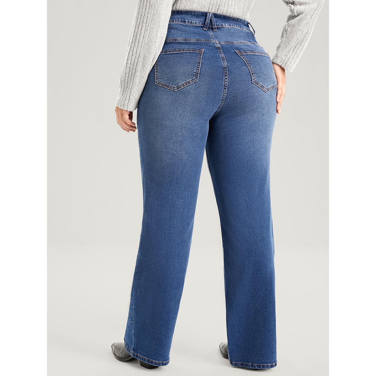 Plus Size Straight Moderately Stretchy High Rise Dark Wash Sculpt Waist Jeans Women DarkBlue Casual Plain Medium stretch Pocket Jeans BloomChic 22/3X Product Image