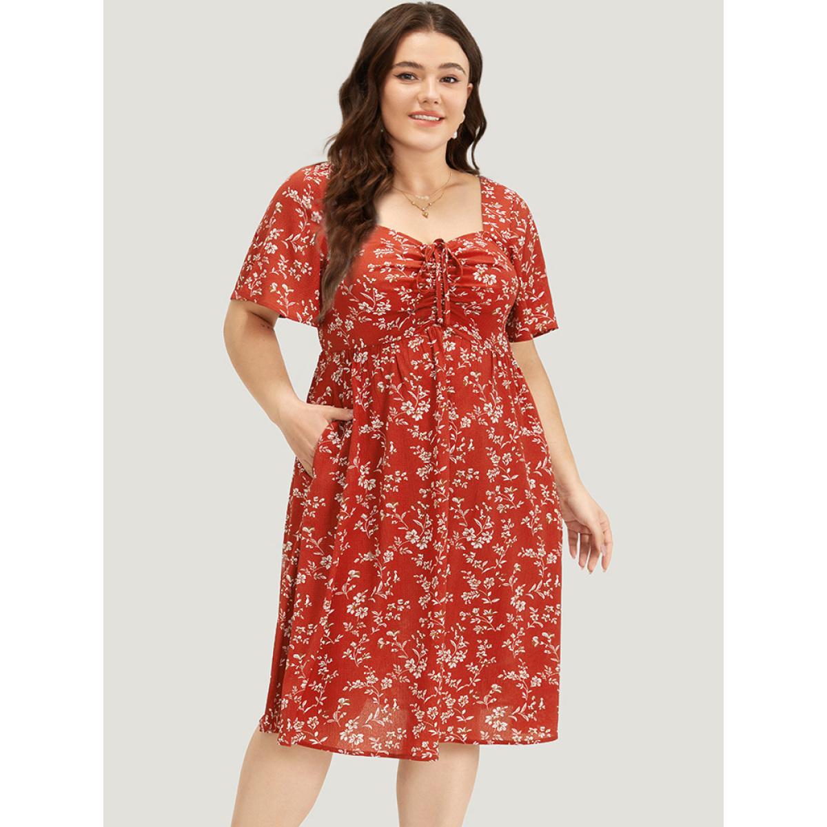 Plus Size Floral Print Square Neck Ruched Ruffles Drawstring Dress Red Women Elegant Drawstring Square Neck Short sleeve Curvy Midi Dress BloomChic 10/M Product Image