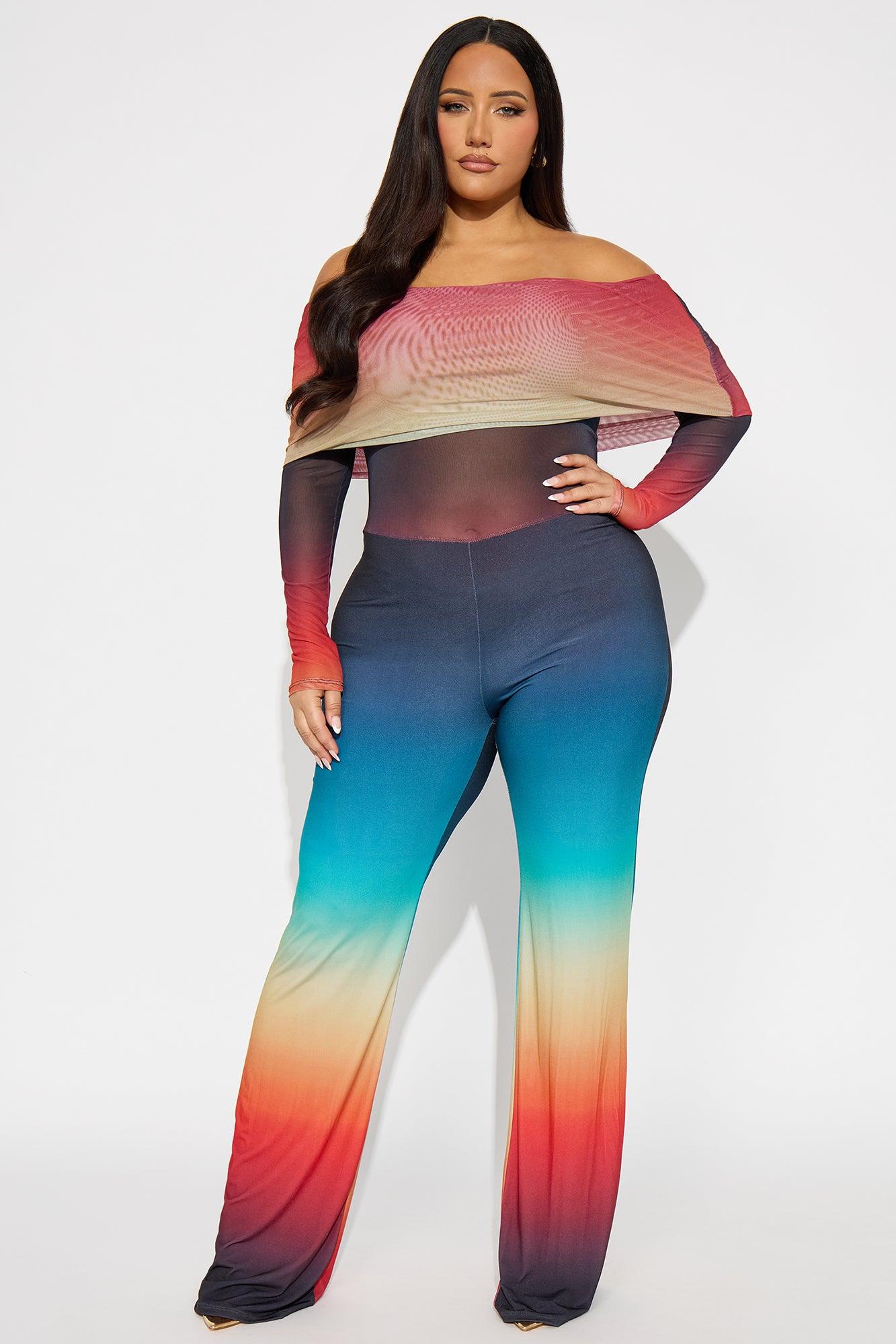 Eclectic Mesh Off Shoulder Flare Leg Pant Set - Multi Color Female Product Image