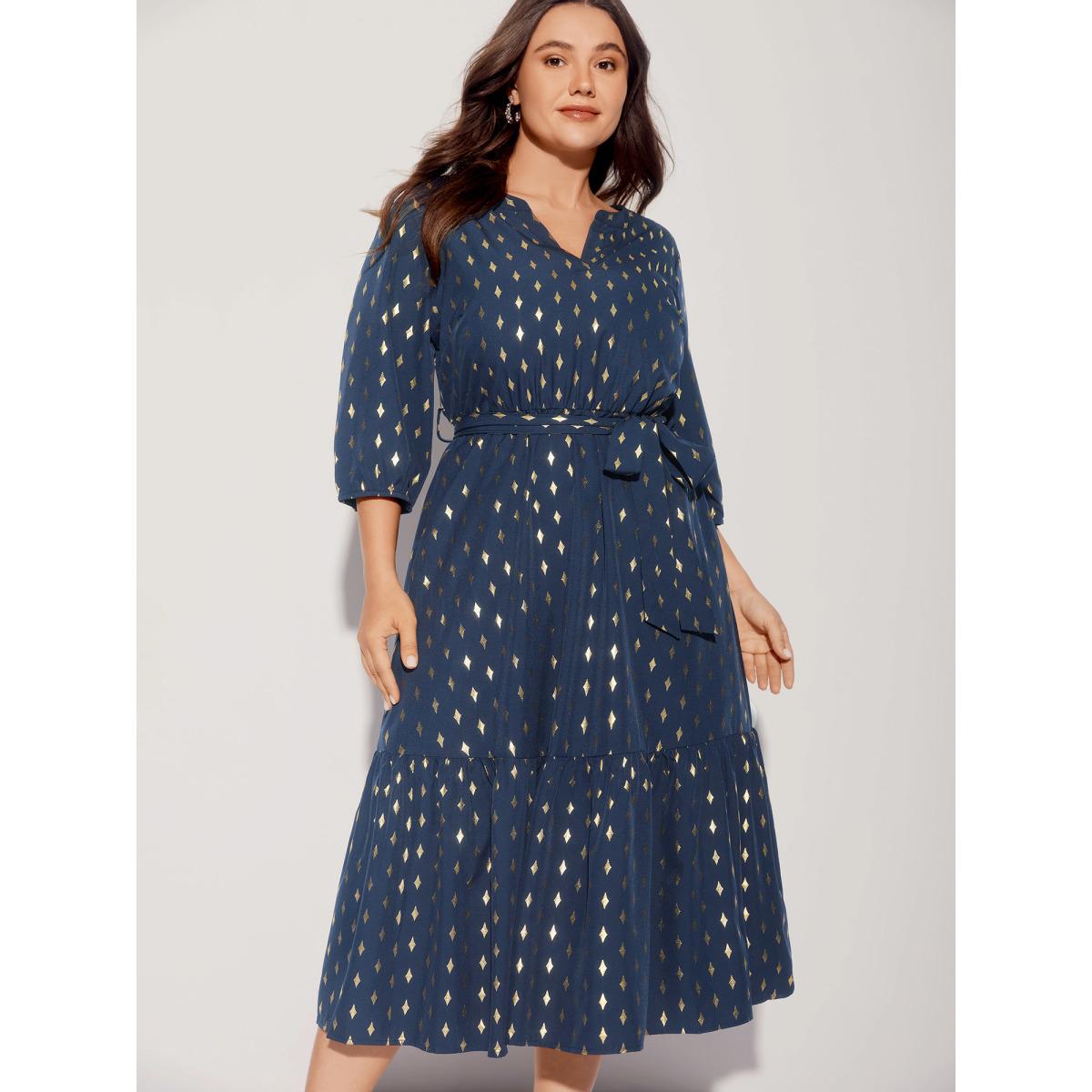 Plus Size Glitter Notched Lantern Sleeve Midi Dress Indigo Women Party&Cocktail Gathered Notched collar Elbow-length sleeve Curvy BloomChic 22-24/3X Product Image
