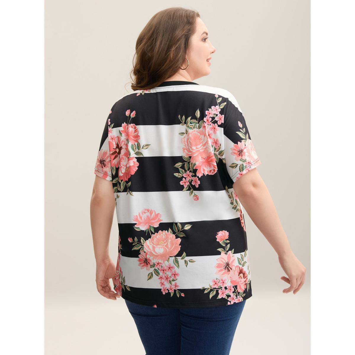 Plus Size Floral Stripes Print Stretchy T-Shirt Multicolor Women Casual Contrast Natural Flowers Round Neck Everyday T-shirts BloomChic 26/4X Product Image
