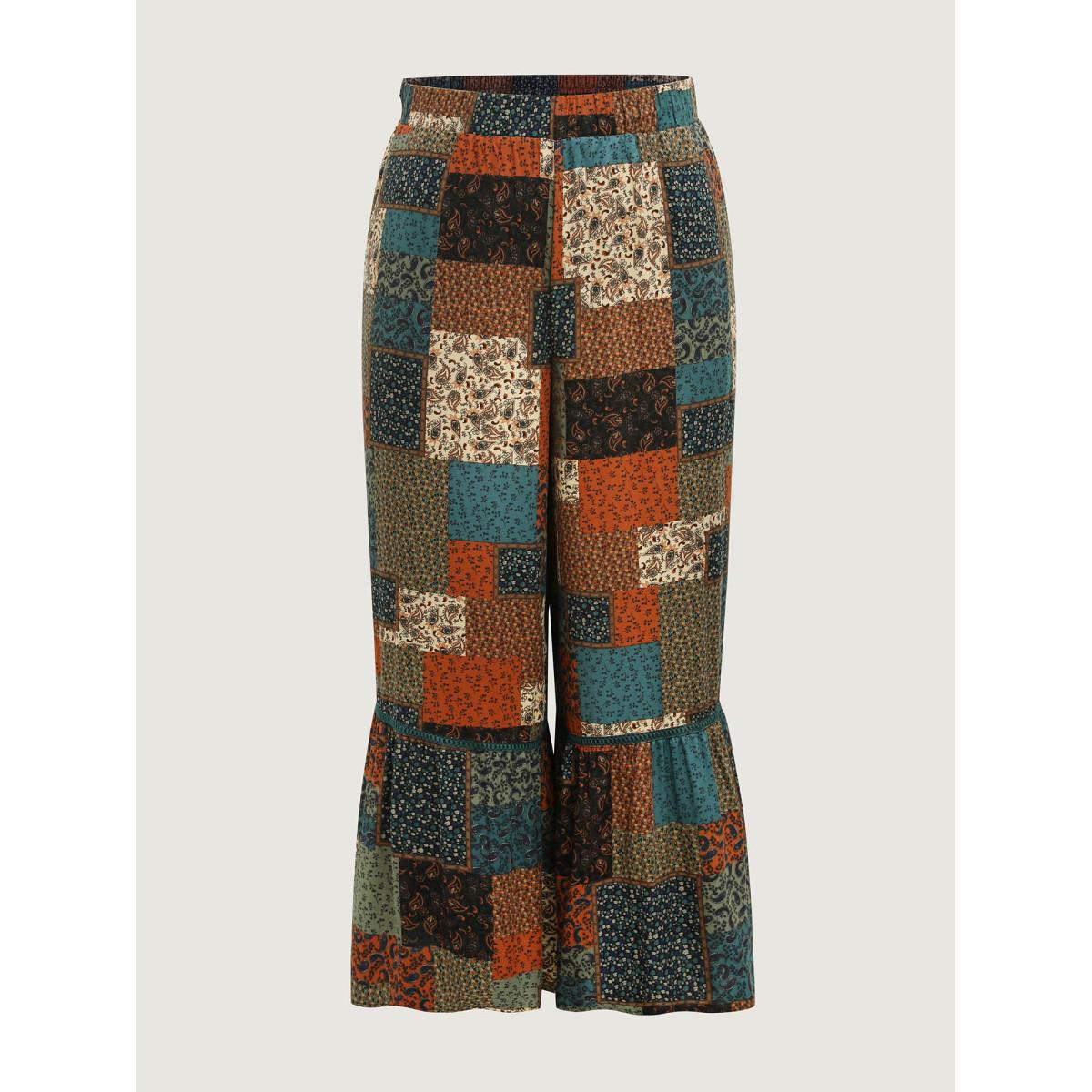 Plus Size Floral Collage Lace Spliced Wide-Leg Pants Women Multicolor Boho Wide Leg Mid Rise Vacation Pants BloomChic 22-24/3X Product Image