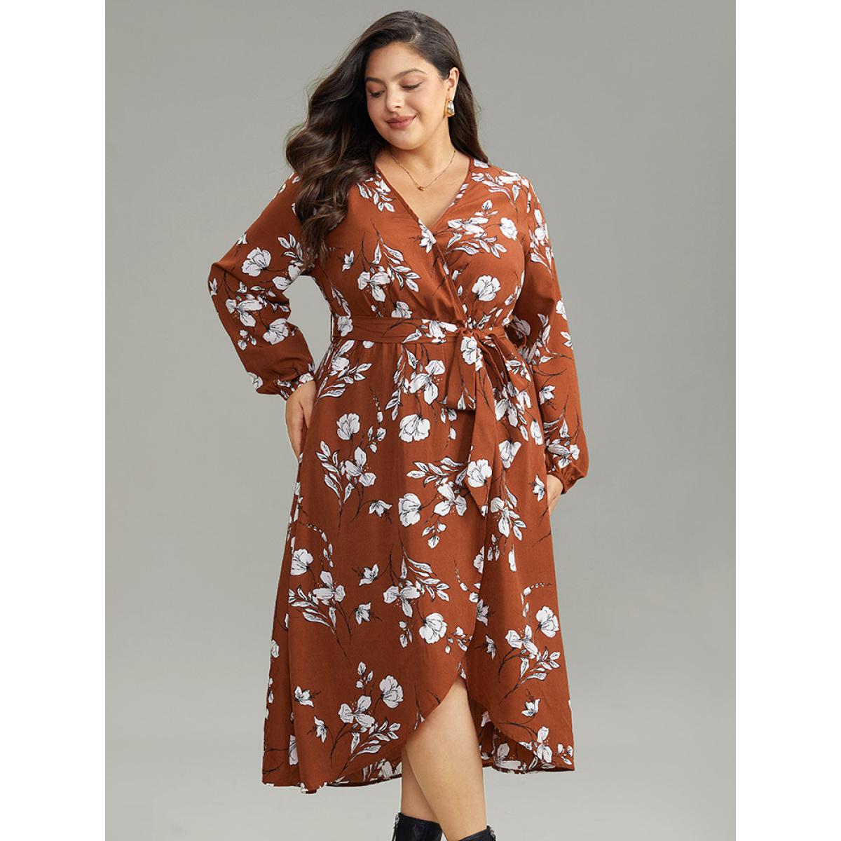 Plus Size Floral Print Wrap Hem Ties Dress Rust Women Elegant Elastic cuffs Overlap Collar Long Sleeve Curvy Midi Dress BloomChic 14-16/1X Product Image