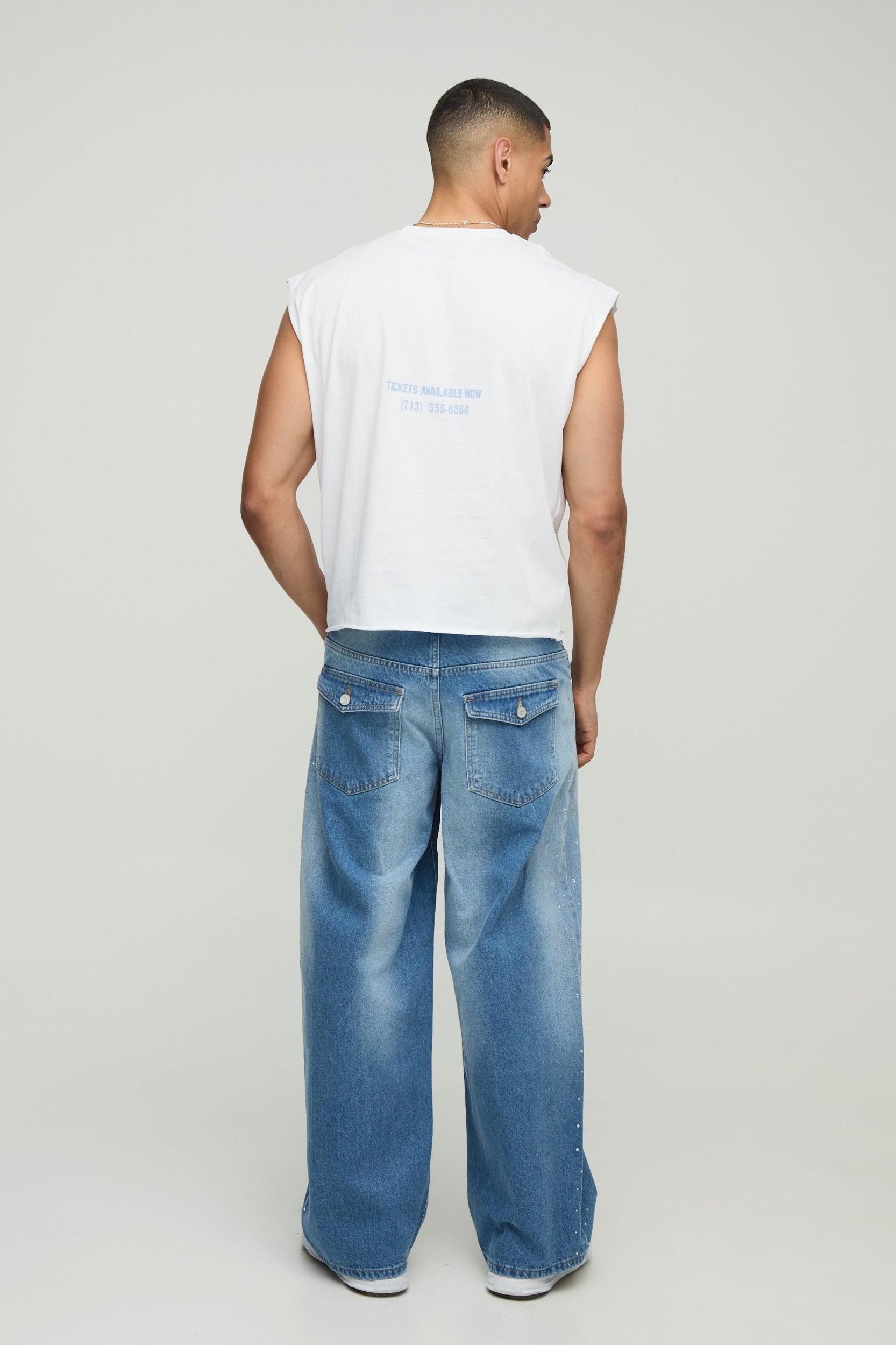 Rigid Baggy Rhinestone Washed Jeans | boohooMAN USA Product Image