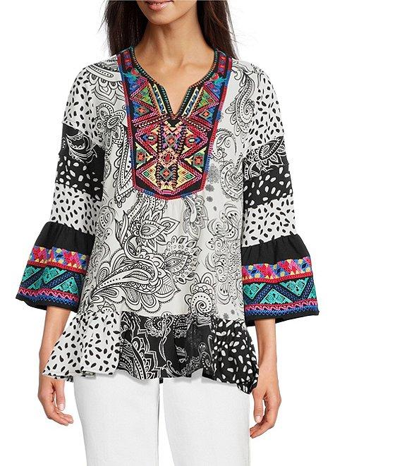 Calessa Embroidered Patchwork Print Split V-Neck 3/4 Sleeve Tunic Product Image