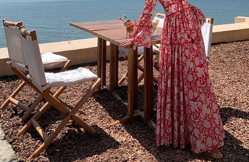 Long-Sleeve V-Neck Floral Print Tie Front Maxi A-Line Dress Product Image