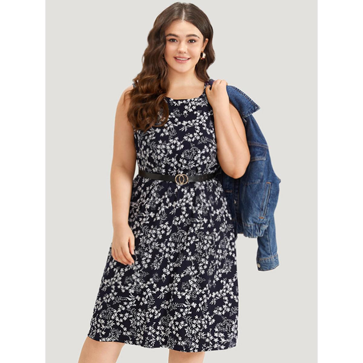 Plus Size Ditsy Floral Pocket Crew Neck Tank Dress Navy Women Casual Printed Round Neck Sleeveless Curvy Midi Dress BloomChic 22-24/3X Product Image