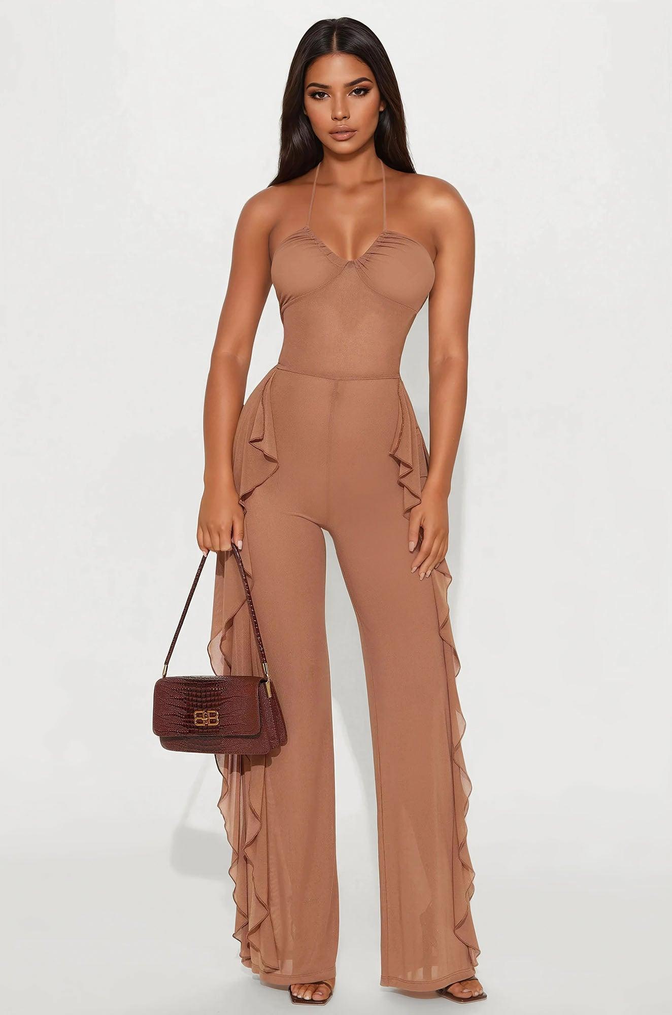 Electric Feeling Mesh Jumpsuit - Mocha Product Image