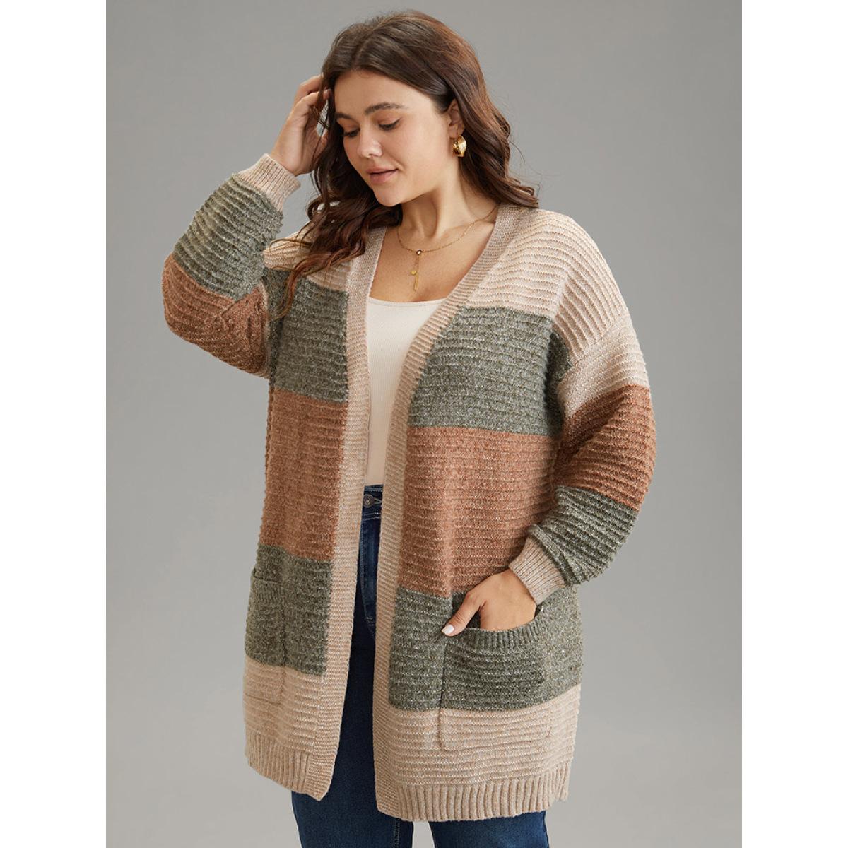 Plus Size Plisse Colorblock Patched Pocket Open Front Cardigan Multicolor Women Casual Loose Long Sleeve Dailywear Cardigans BloomChic 10/M Product Image