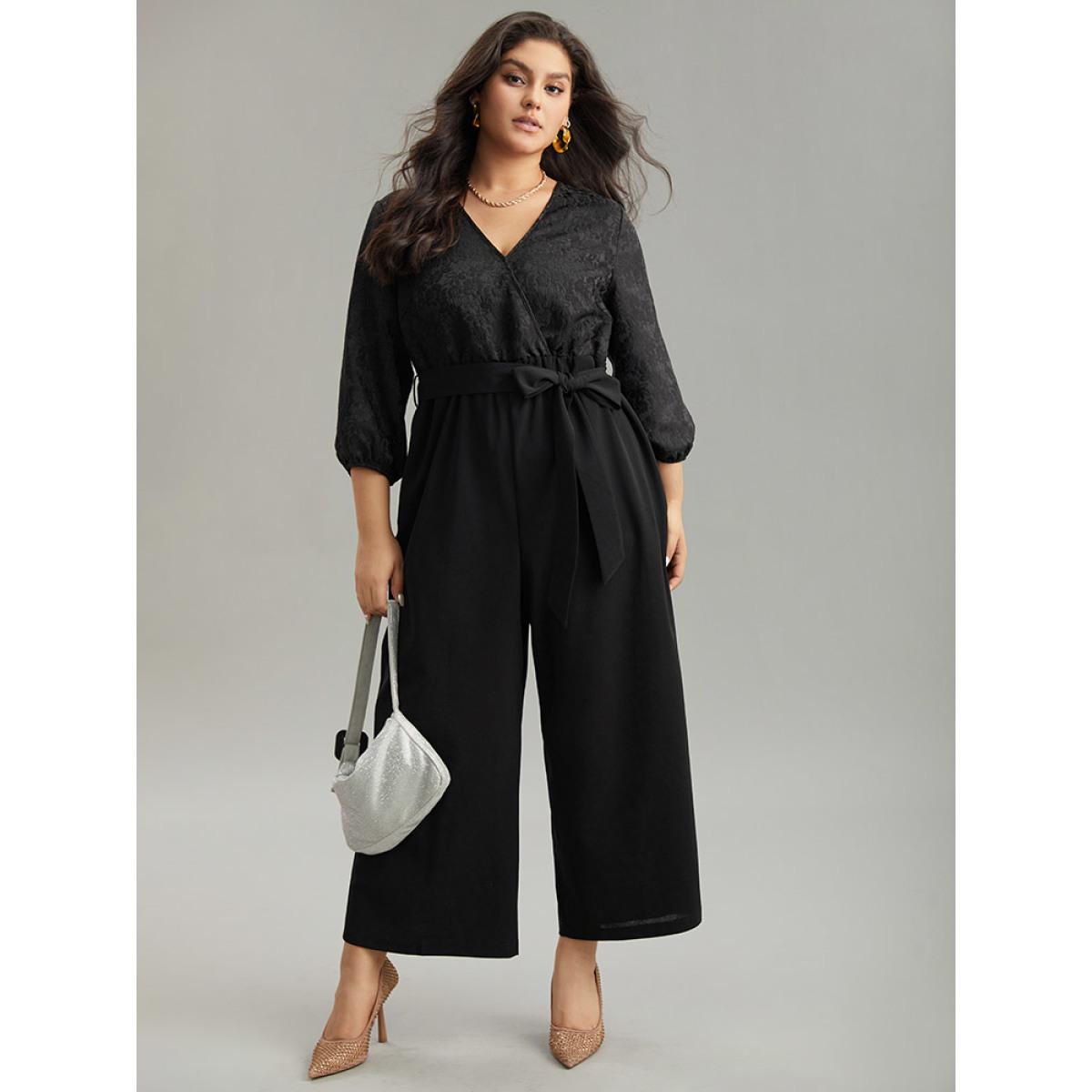 Plus Size Black Plain Textured Belted Wrap Jumpsuit Women Party Elbow-length sleeve Overlap Collar Going out Loose Jumpsuits BloomChic 30/6X Product Image