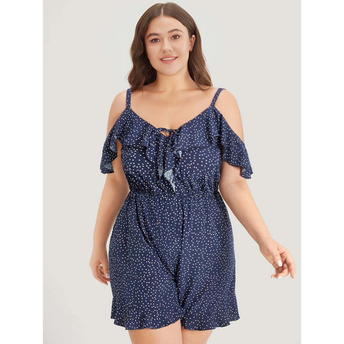 Plus Size DarkBlue Polka Dot Ruffle Trim Tie Neck Cut Out Elastic Waist Jumpsuit Women Elegant Sleeveless Cold Shoulder Dailywear Loose Jumpsuits BloomChic 18-20/2X Product Image