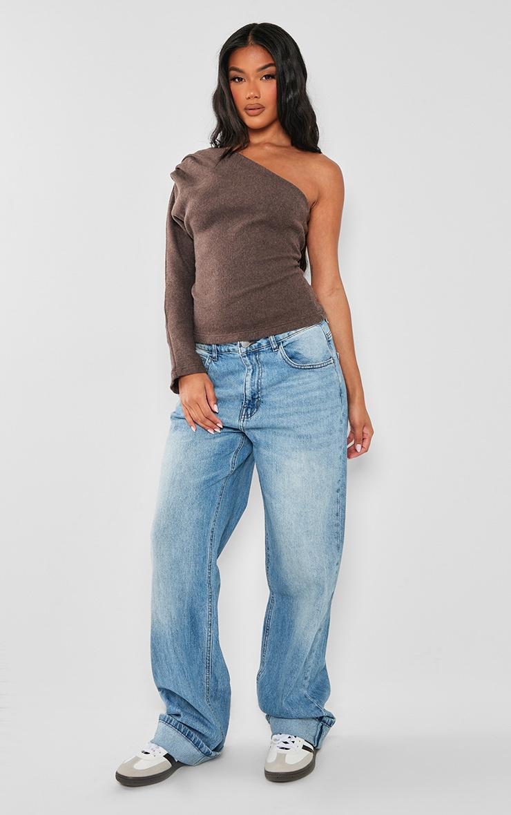 Chocolate Brushed Rib Asymmetric Shoulder Long Top Product Image