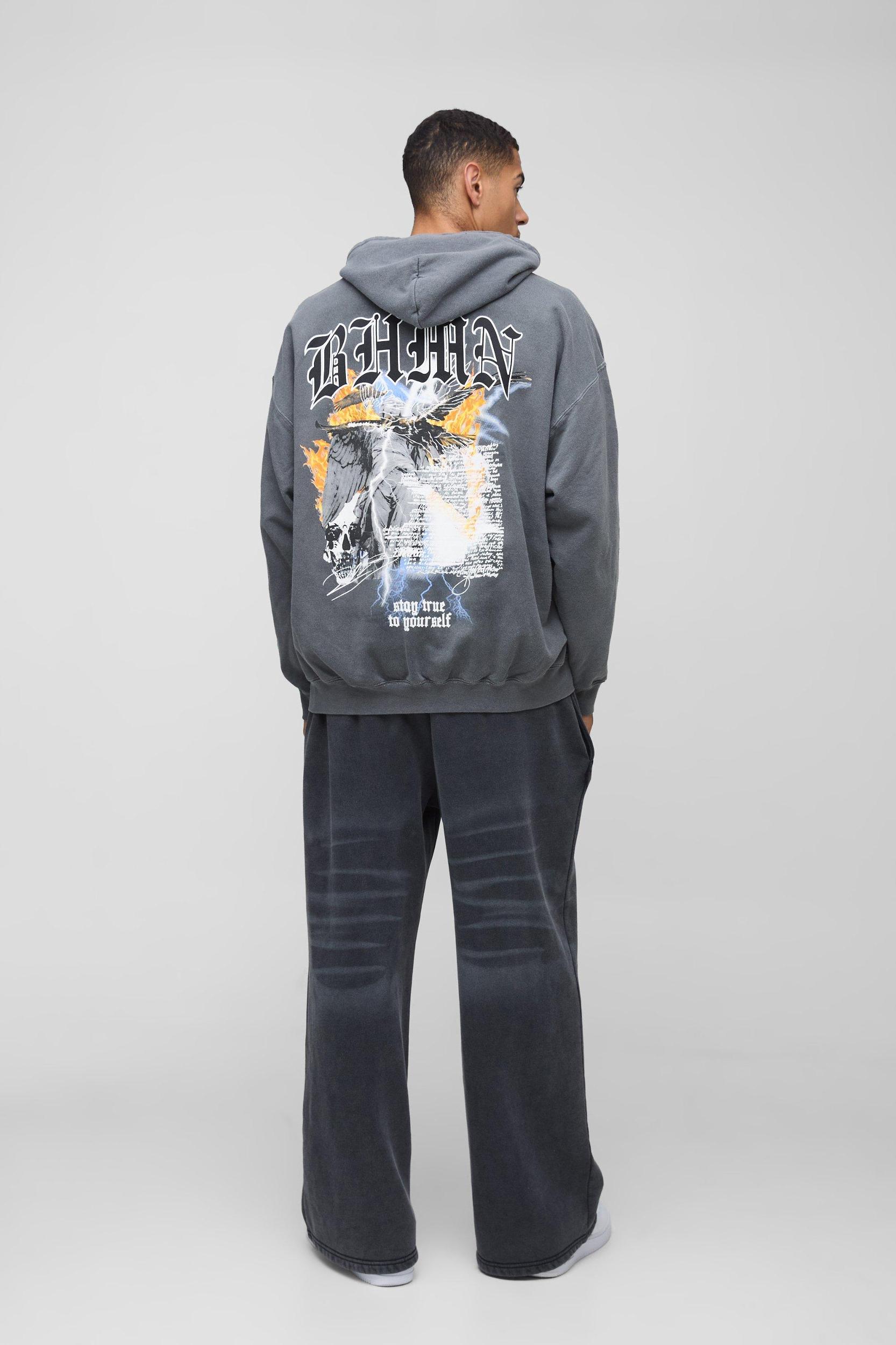 Oversized BHMN Gothic Bird Large Graphic Washed Hoodie | boohooMAN USA Product Image