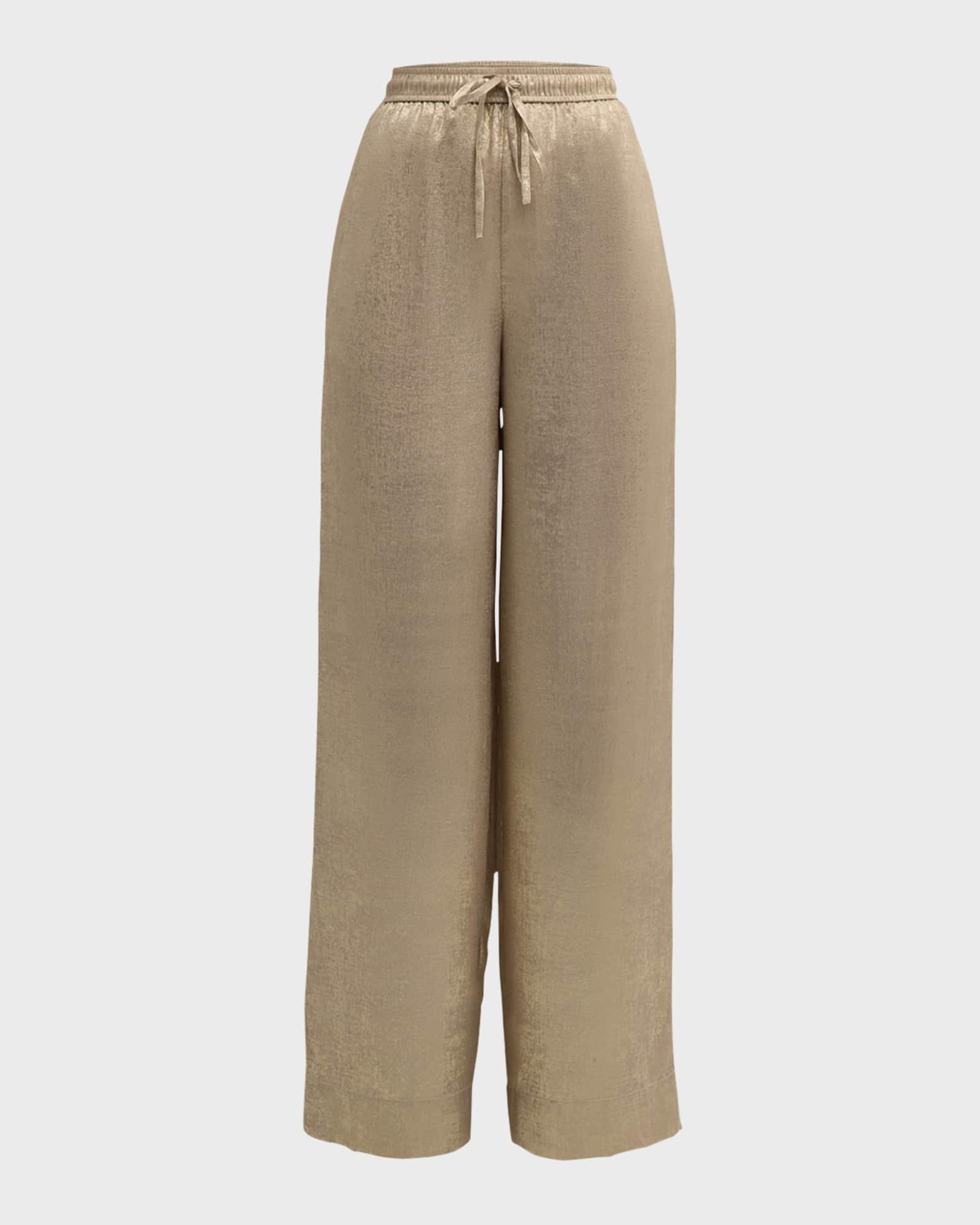 Mid-Rise Fluid Metallic Wide-Leg Drawstring Pants Product Image