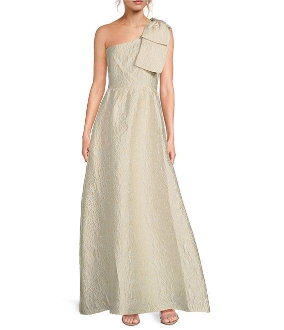Abbey Glass Caroline Asymmetrical Neck Sleeveless Bow One Shoulder Bow Jacquard Pocketed A-Line Gown Product Image