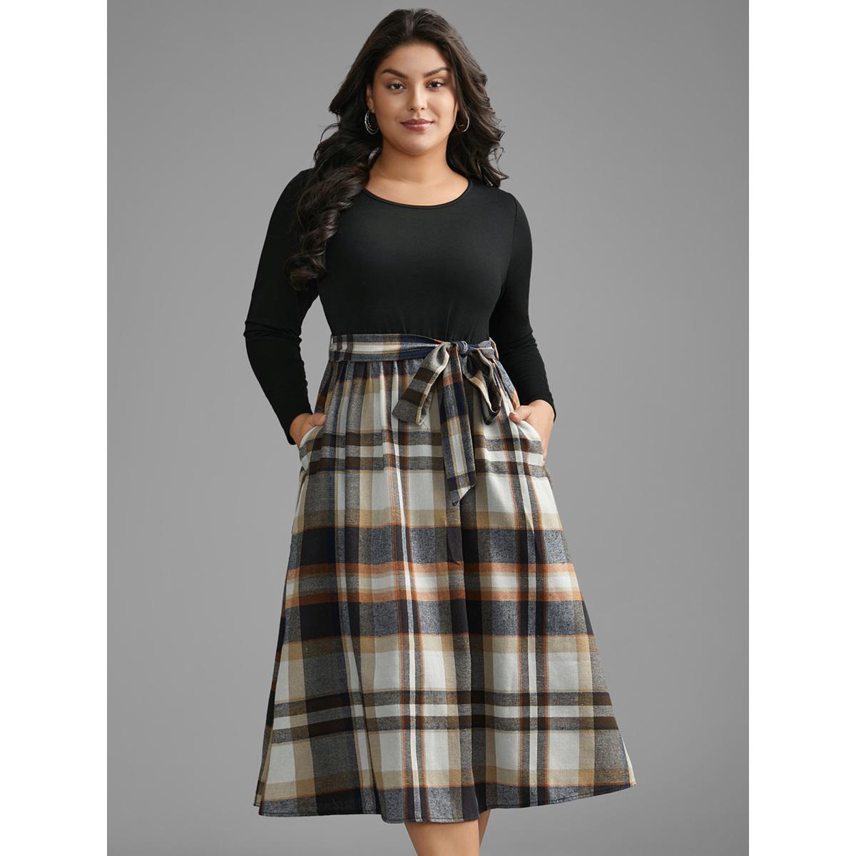 Plus Size Plaid Patchwork Elastic Waist Belted Dress Black Women Casual Belted Round Neck Long Sleeve Curvy BloomChic 12/L Product Image
