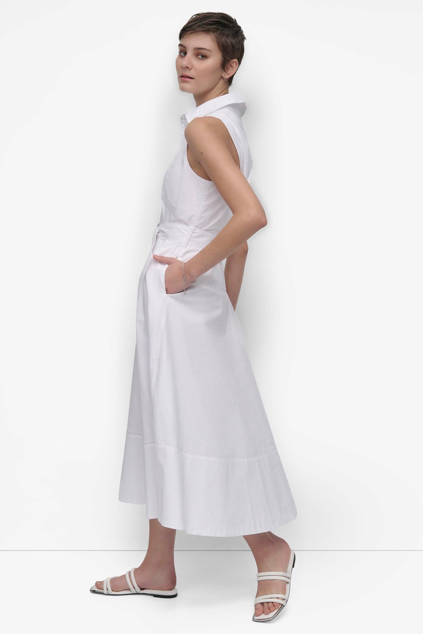 SLEEVELESS BUTTON FRONT POPLIN DRESS WITH SELF BELT Product Image