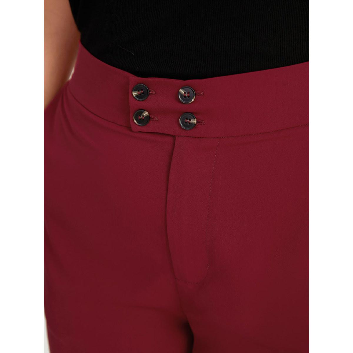 Plus Size Solid Button Detail Slant Pocket High Rise Pants Women Scarlet Office Straight Leg High Rise Office Pants BloomChic 30/6X Product Image