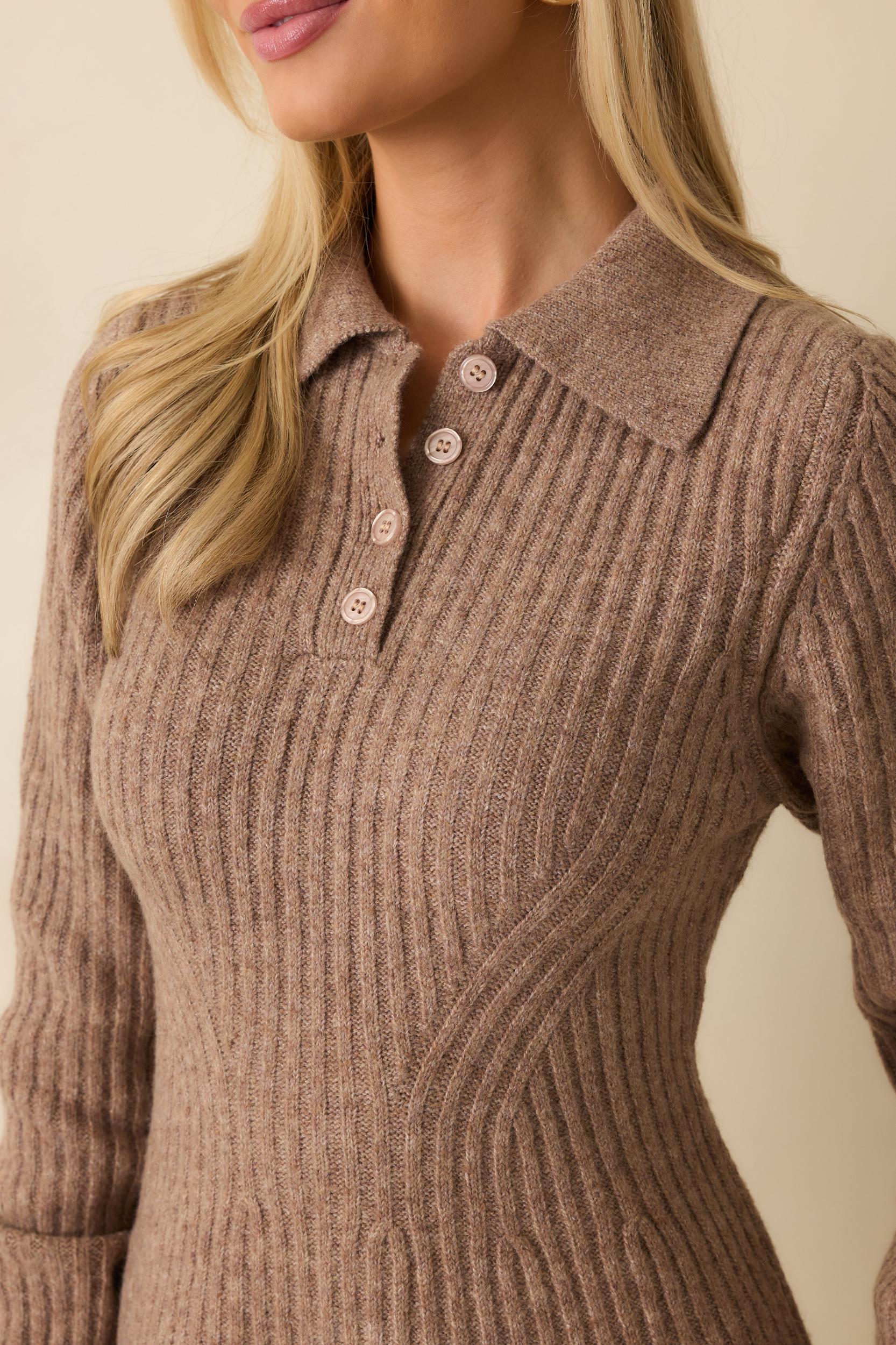 Feels Like Now Mocha Brown Ribbed Knit Sweater Mini Dress L / Brown Product Image