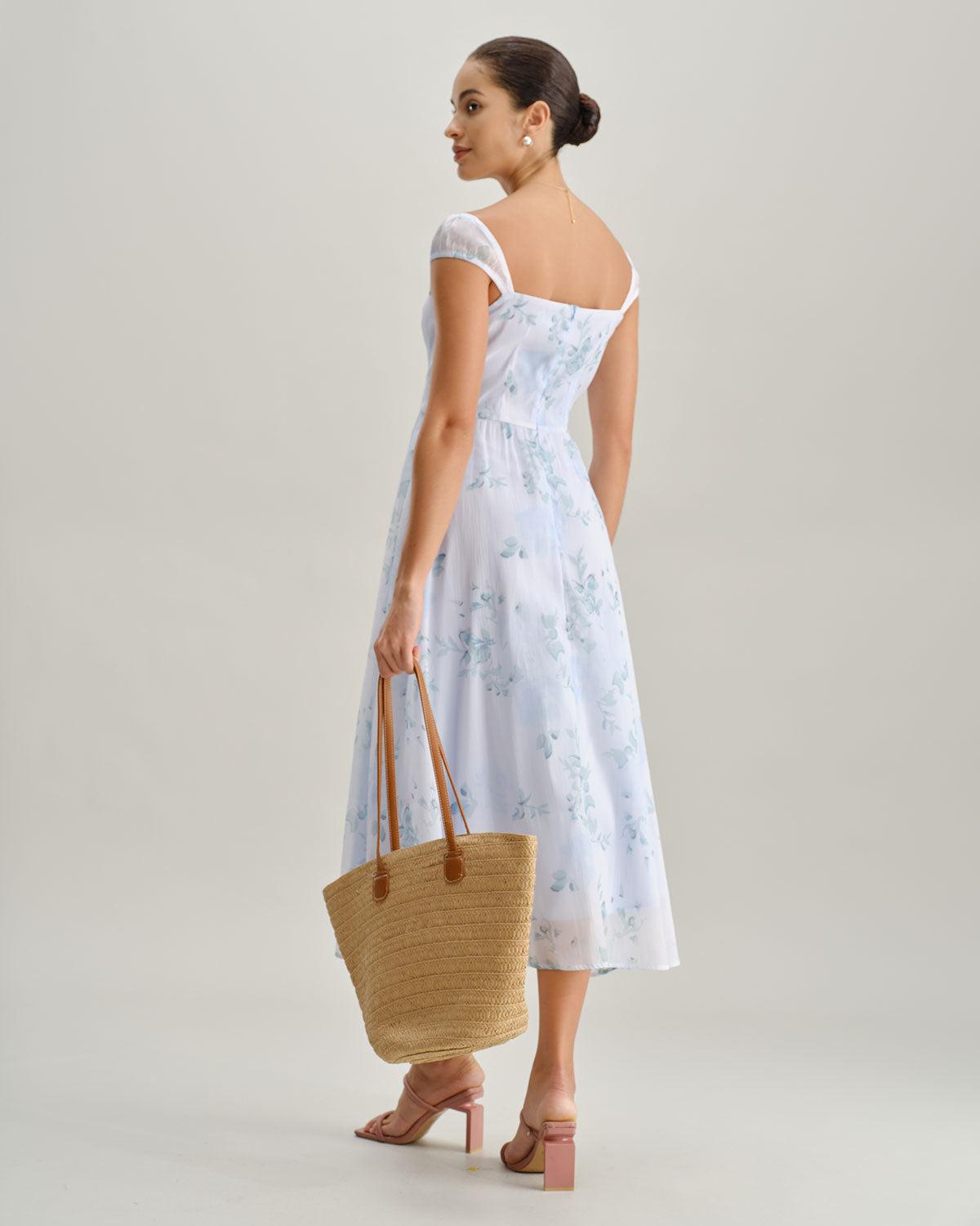 Blue Floral Sweetheart Neck Slip Midi Dress Product Image
