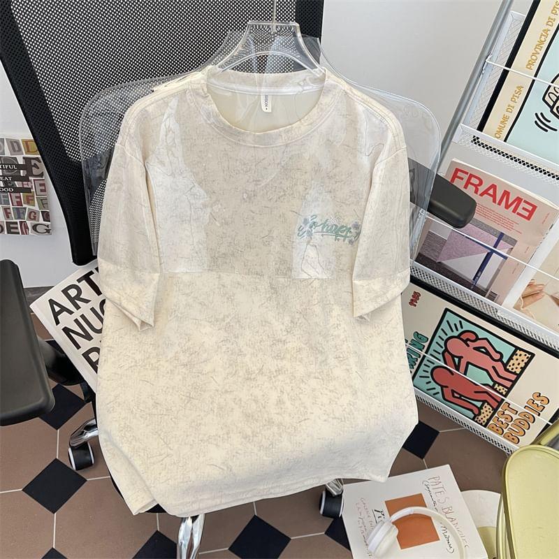 Short-Sleeve Round Neck Lettering Embroidered T-Shirt Product Image
