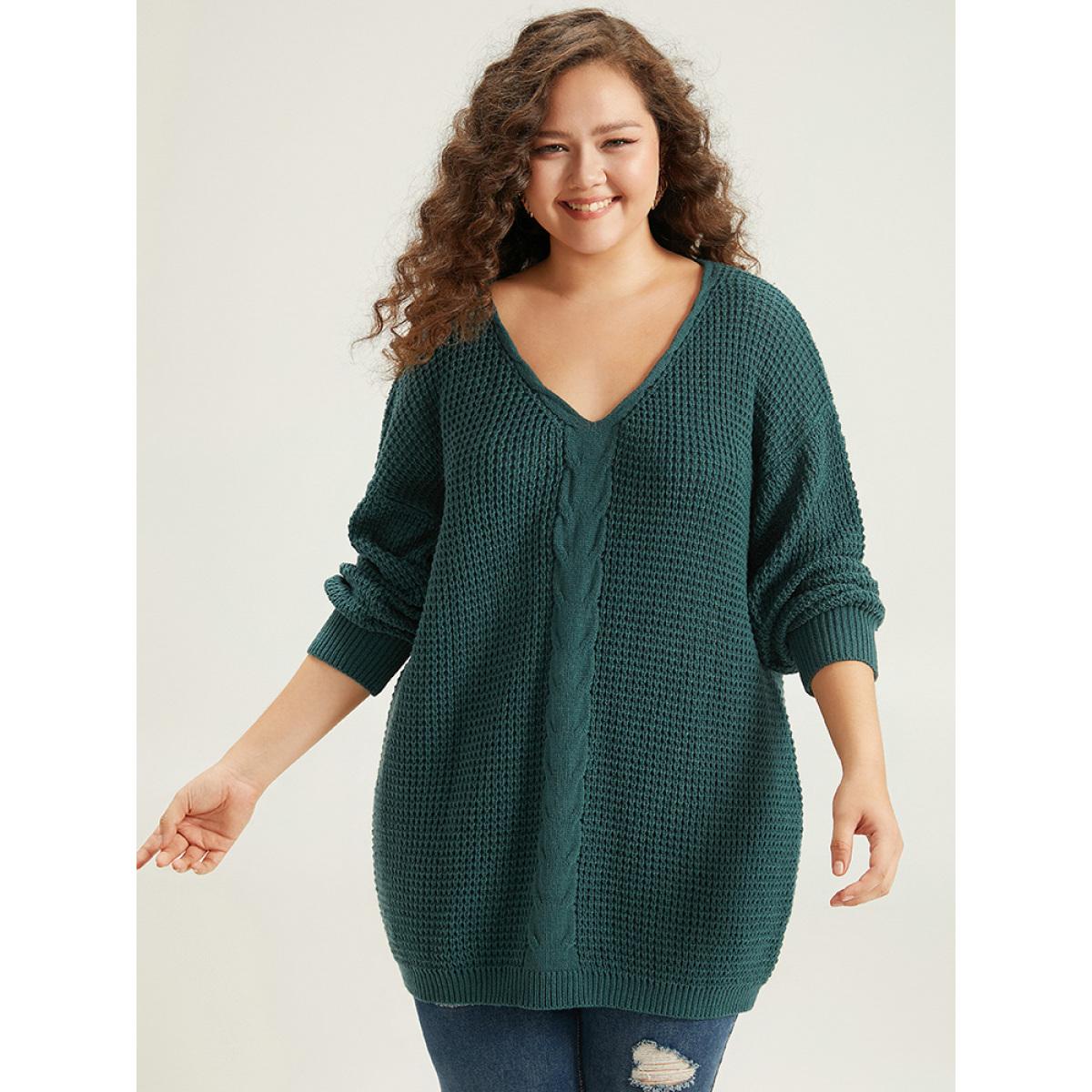Plus Size Cable Knit Plain Elastic Cuffs Pullover Cyan Women Casual Loose Long Sleeve V-neck Dailywear Pullovers BloomChic 18-20/2X Product Image