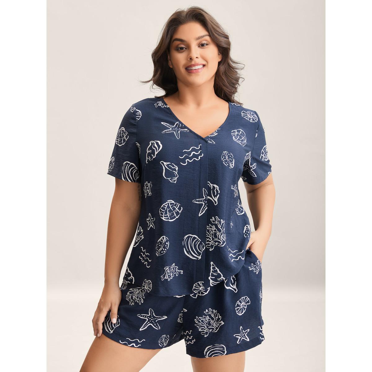 Plus Size Seashore Print Lounge Co-Ord Set Women Indigo Non Short sleeve V-neck Loungewear Sets BloomChic 10/M Product Image