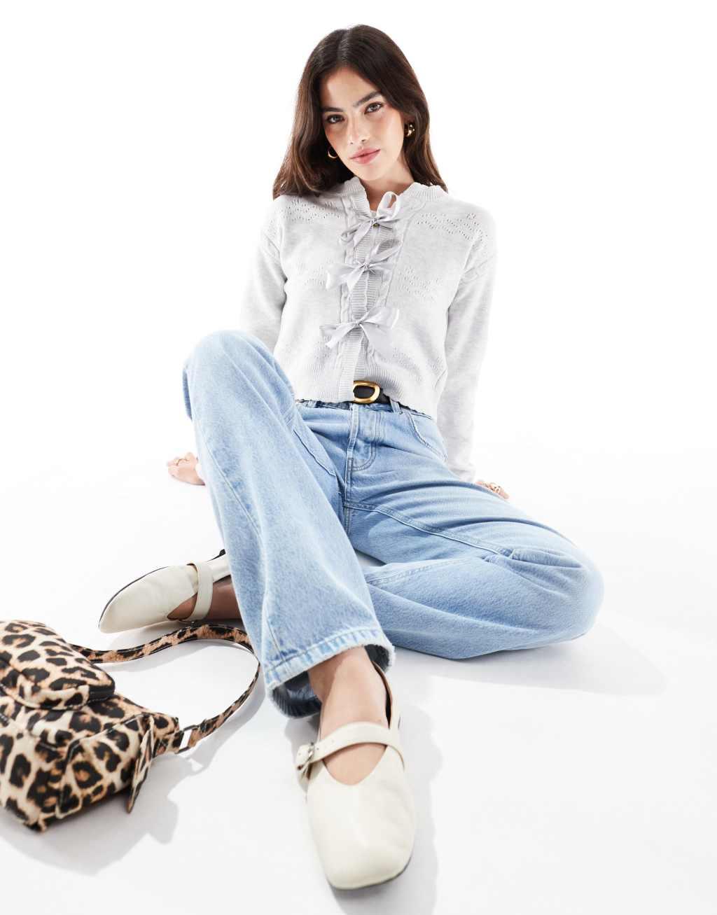 Cotton On bow cardigan in light gray Product Image