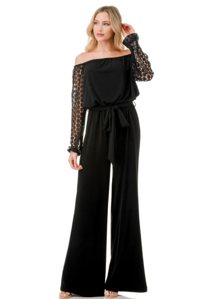 Lace Sleeve Jumpsuit w/ Belt Product Image