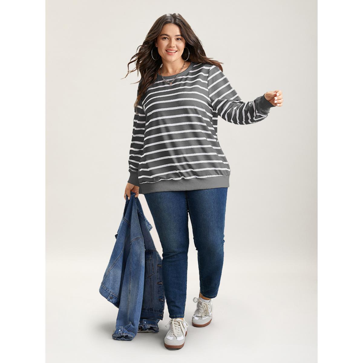 Plus Size Rib Knit Striped Round Neck Sweatshirt Women DarkGray Casual Non Round Neck Everyday Sweatshirts BloomChic 26/4X Product Image