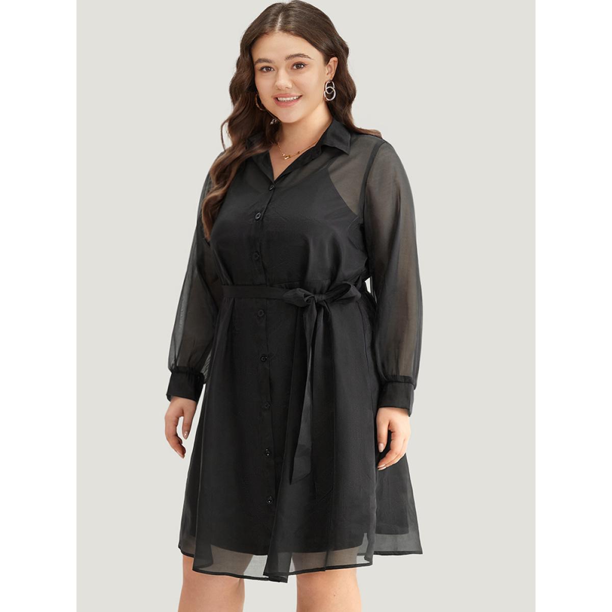 Plus Size Shirt Collar Button Up Belted Mesh Dress Black Women Elegant Lined Shirt collar Long Sleeve Curvy Midi Dress BloomChic 30/6X Product Image