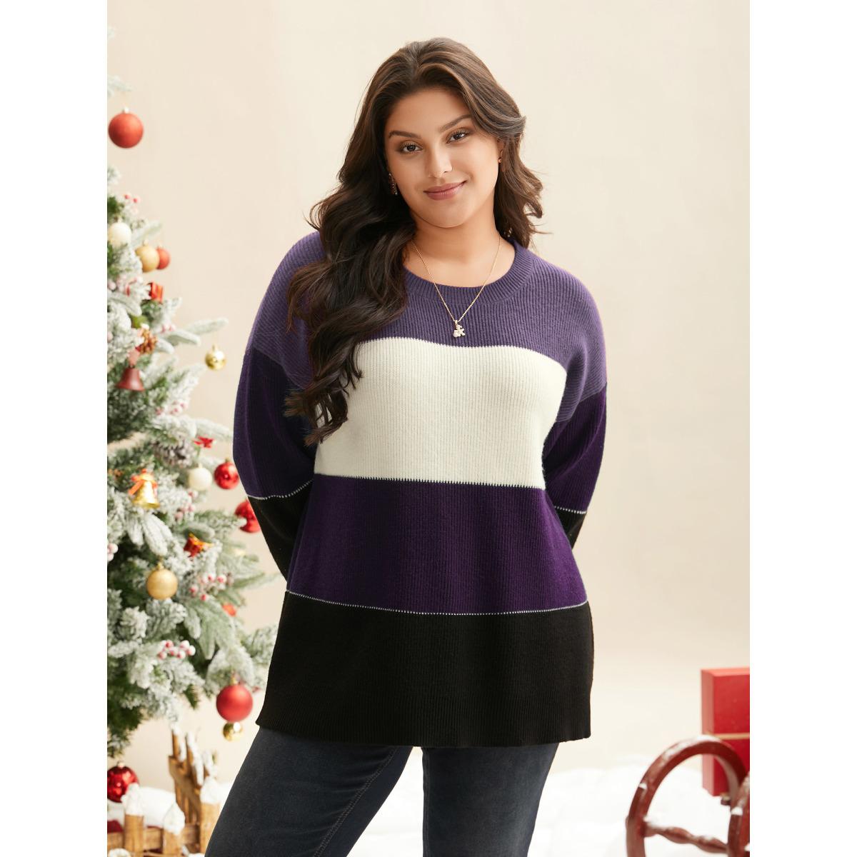 Plus Size Supersoft Essentials Holiday Color Block Pullover Deeppurple Women Casual Loose Long Sleeve Round Neck Everyday Pullovers BloomChic 18-20/2X Product Image