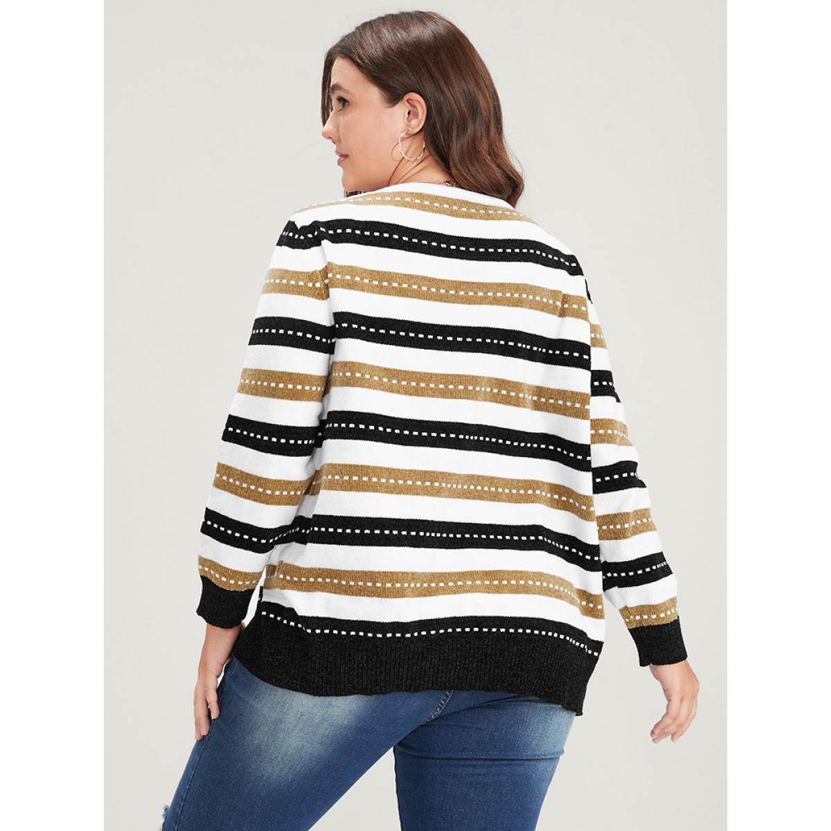 Plus Size Striped Contrast Pointelle Knit Jacquard Open Front Cardigan Multicolor Women Casual Long Sleeve Dailywear Cardigans BloomChic 18-20/2X Product Image