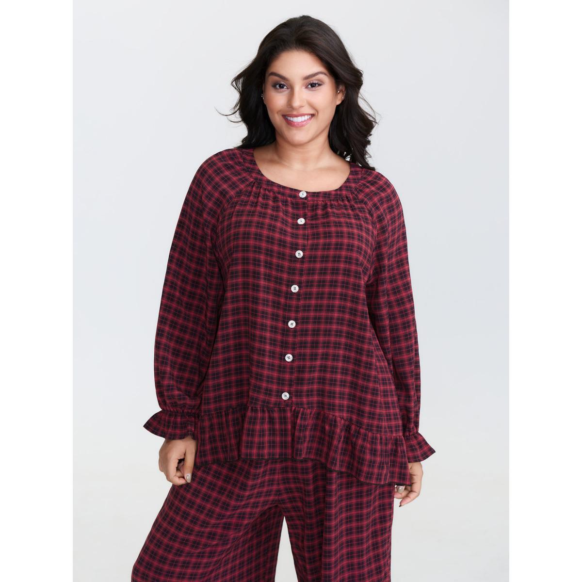 Plus Size Gingham Ruffled Hem Loungewear Set Women Multicolor Button Extra Long Sleeve Round Neck Leisure Loungewear Sets BloomChic 18-20/2X Product Image