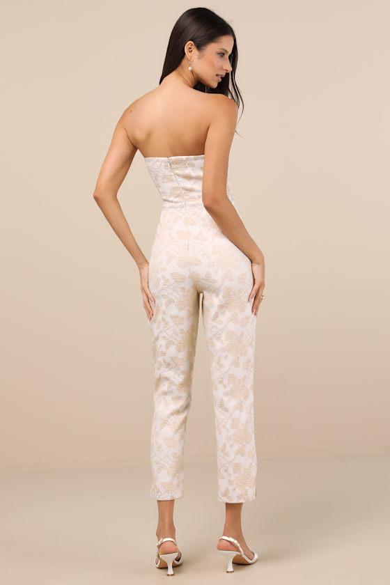 Elisabetta Cream and Gold Jacquard Strapless Cropped Jumpsuit Product Image