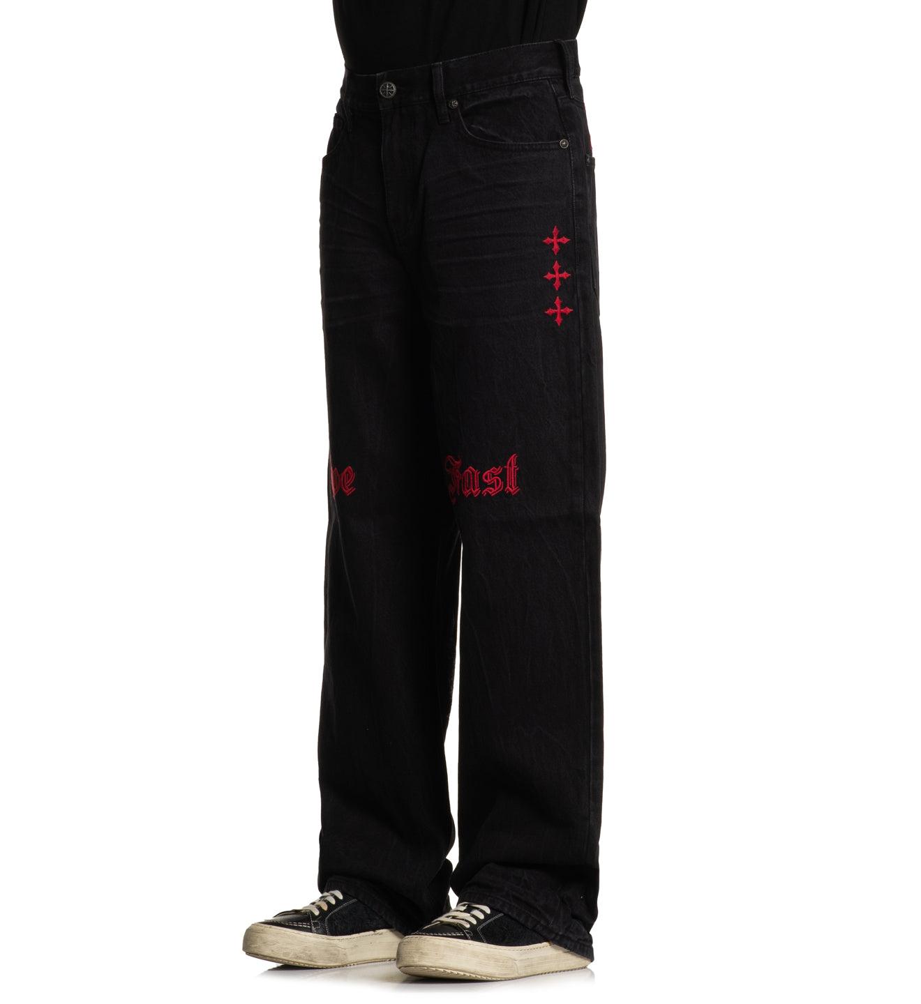 Wide Leg Live Fast Black Jeans Male Product Image