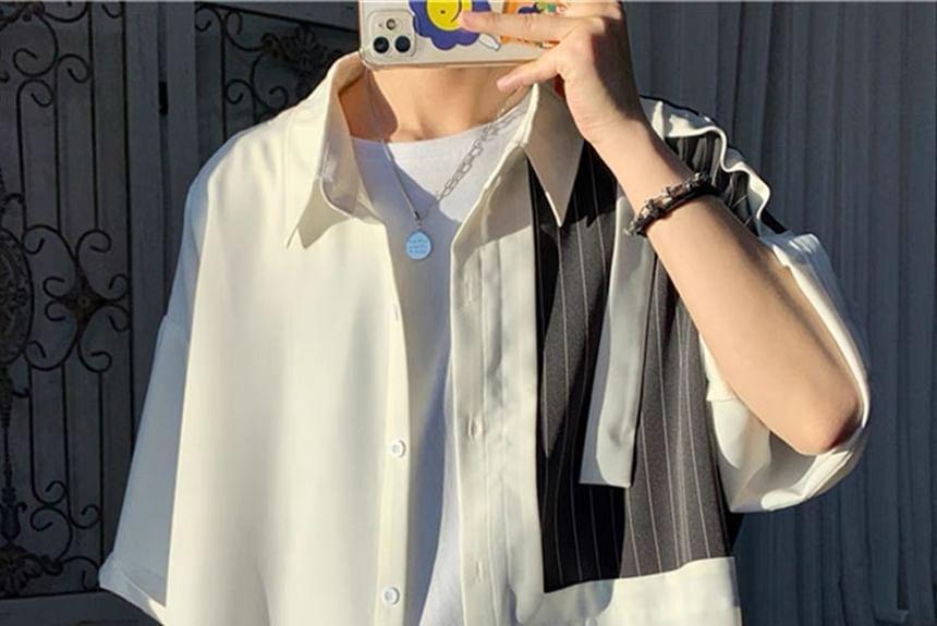 Short Sleeve Striped Shirt Jacket Product Image