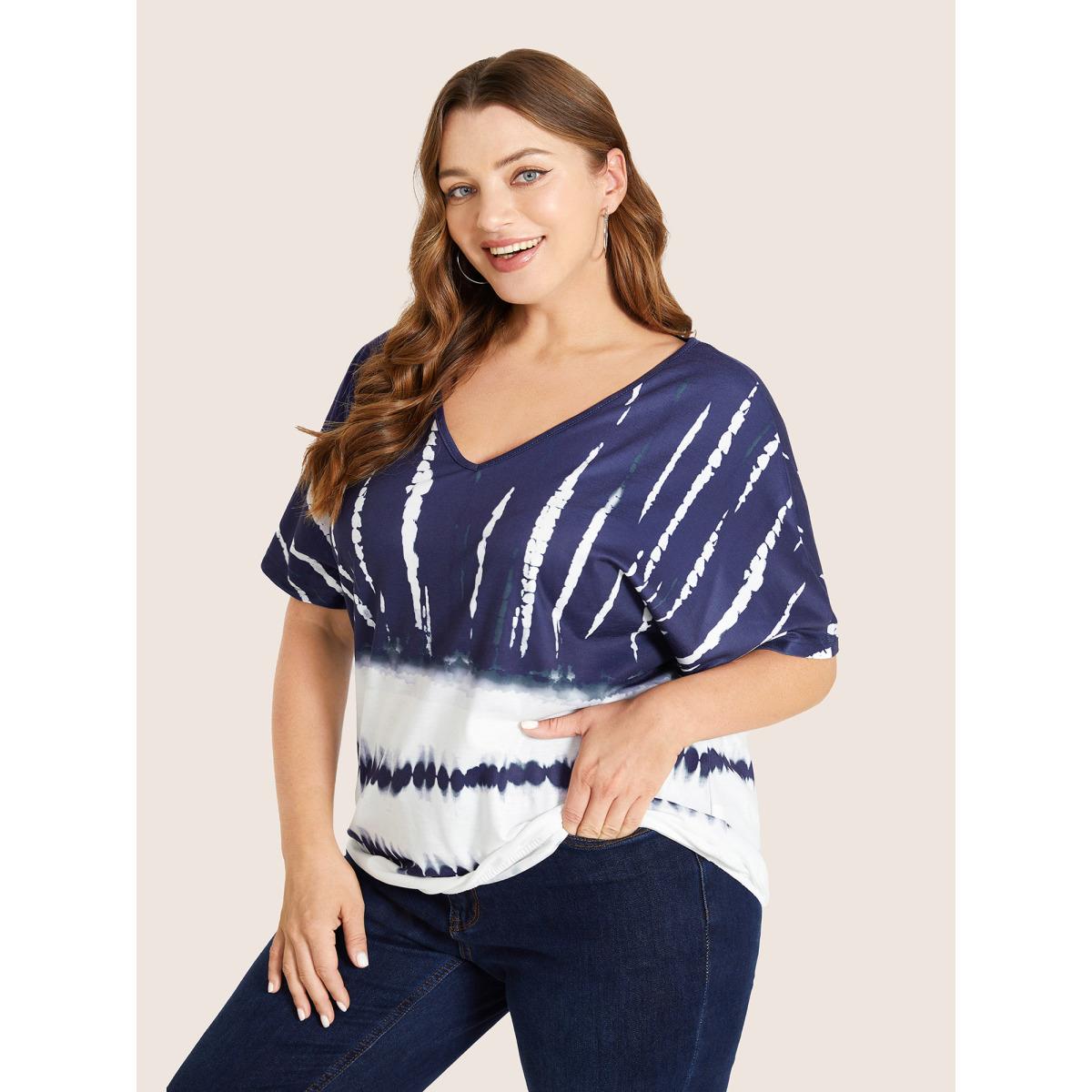 Plus Size Tie Dye Batwing Sleeve T-shirt Indigo Women Casual Tie Dye V-neck Everyday T-shirts BloomChic 30/6X Product Image