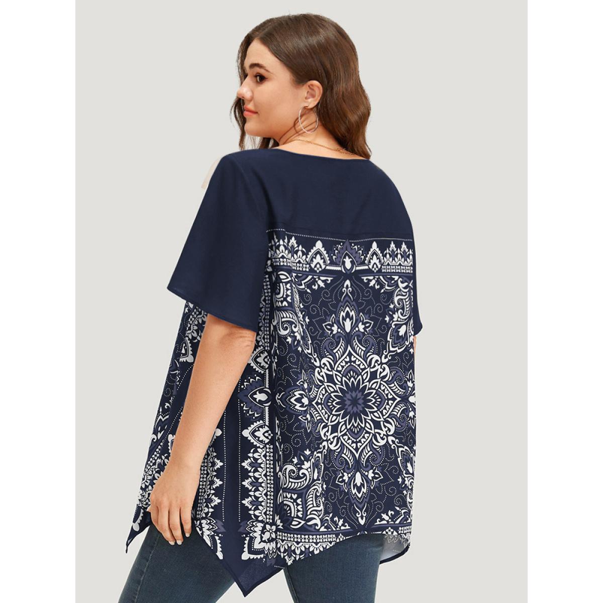 Plus Size Black Boho Print Crew Neck Flutter Sleeve Hanky Hem Blouse Women Vacation Short sleeve Round Neck Dailywear Blouses BloomChic 10/M Product Image