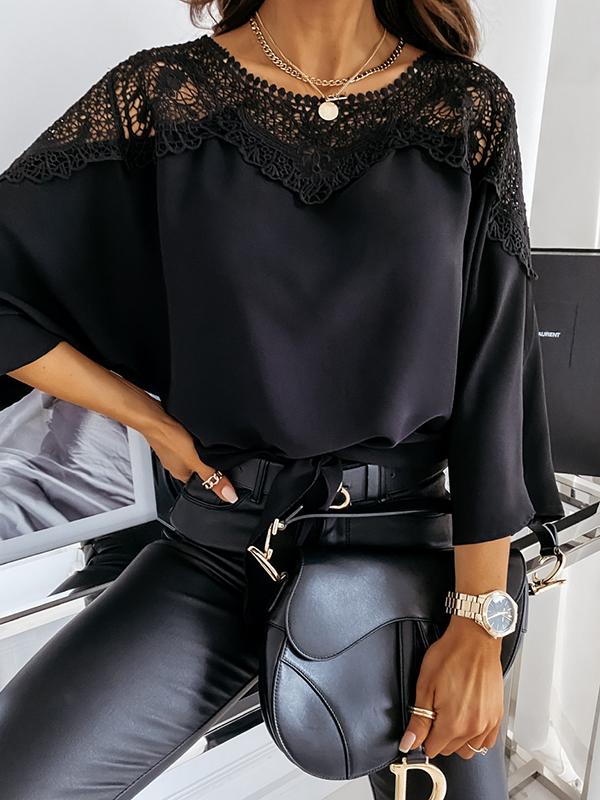 Long Sleeves Loose Solid Color Split-Joint Round-Neck Blouses&Shirts Tops Product Image