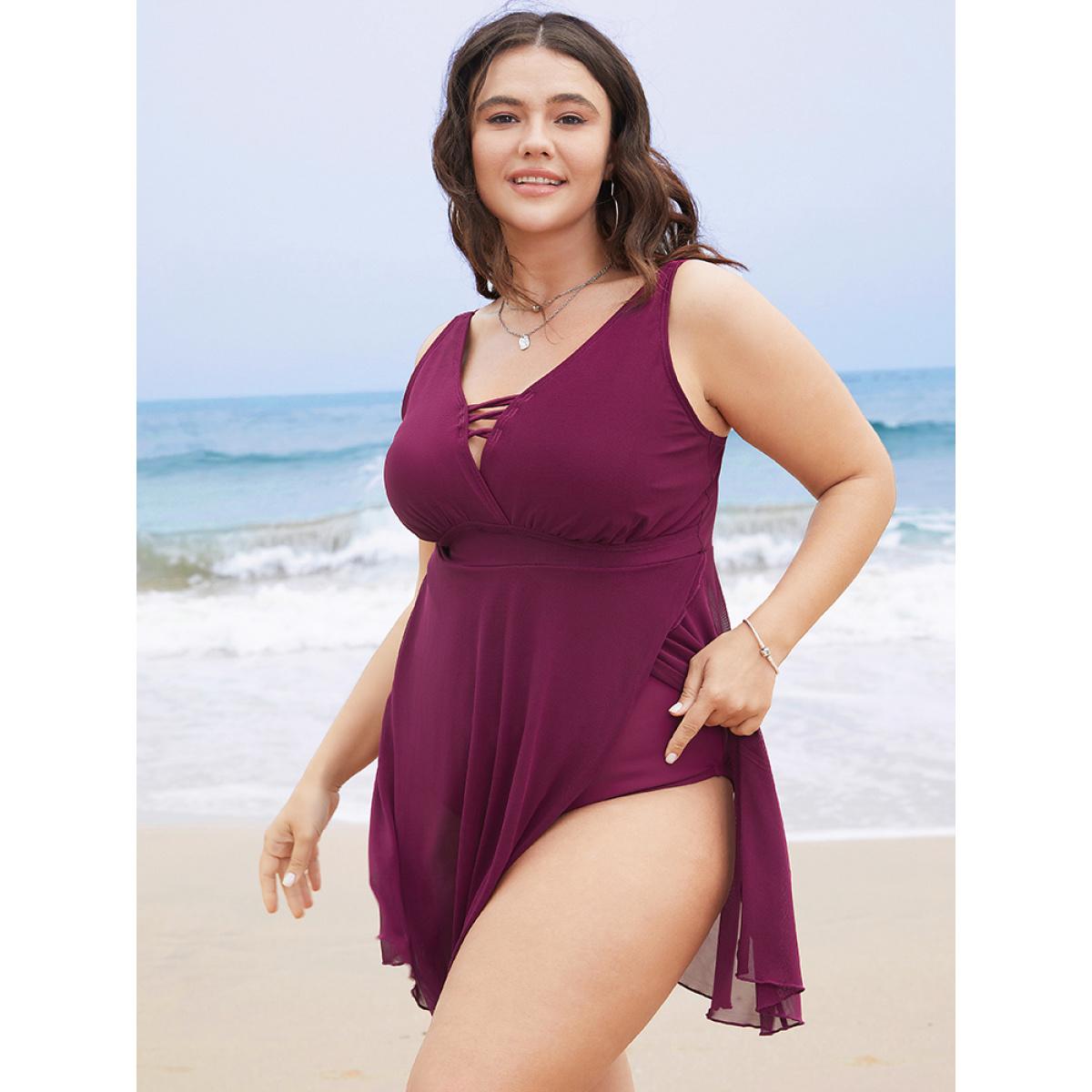Plus Size Plain Crisscross Wrap Mesh Ruffle Split Swim Dress Women's Swimwear RedViolet Vacation Bodycon V-neck High stretch Curve Swim Dresses BloomChic 10/M Product Image