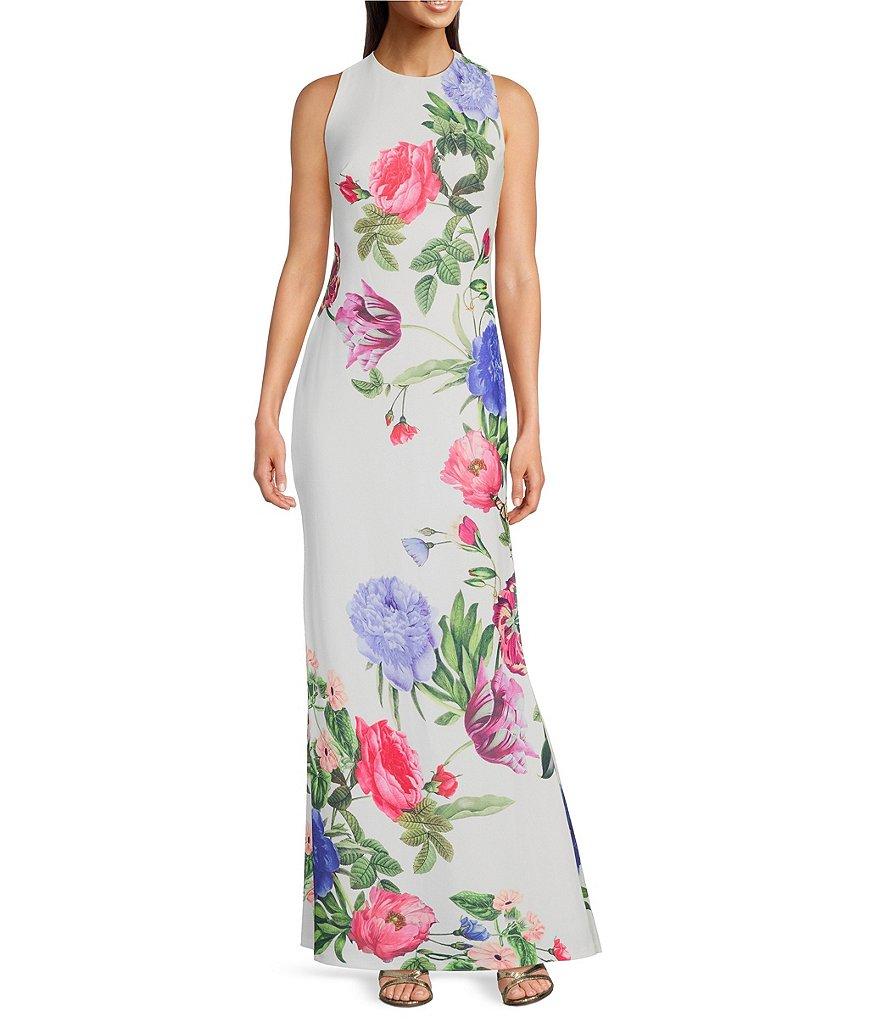 Vince Camuto Woven Floral Print Round Neck Sleeveless Maxi Gown Product Image