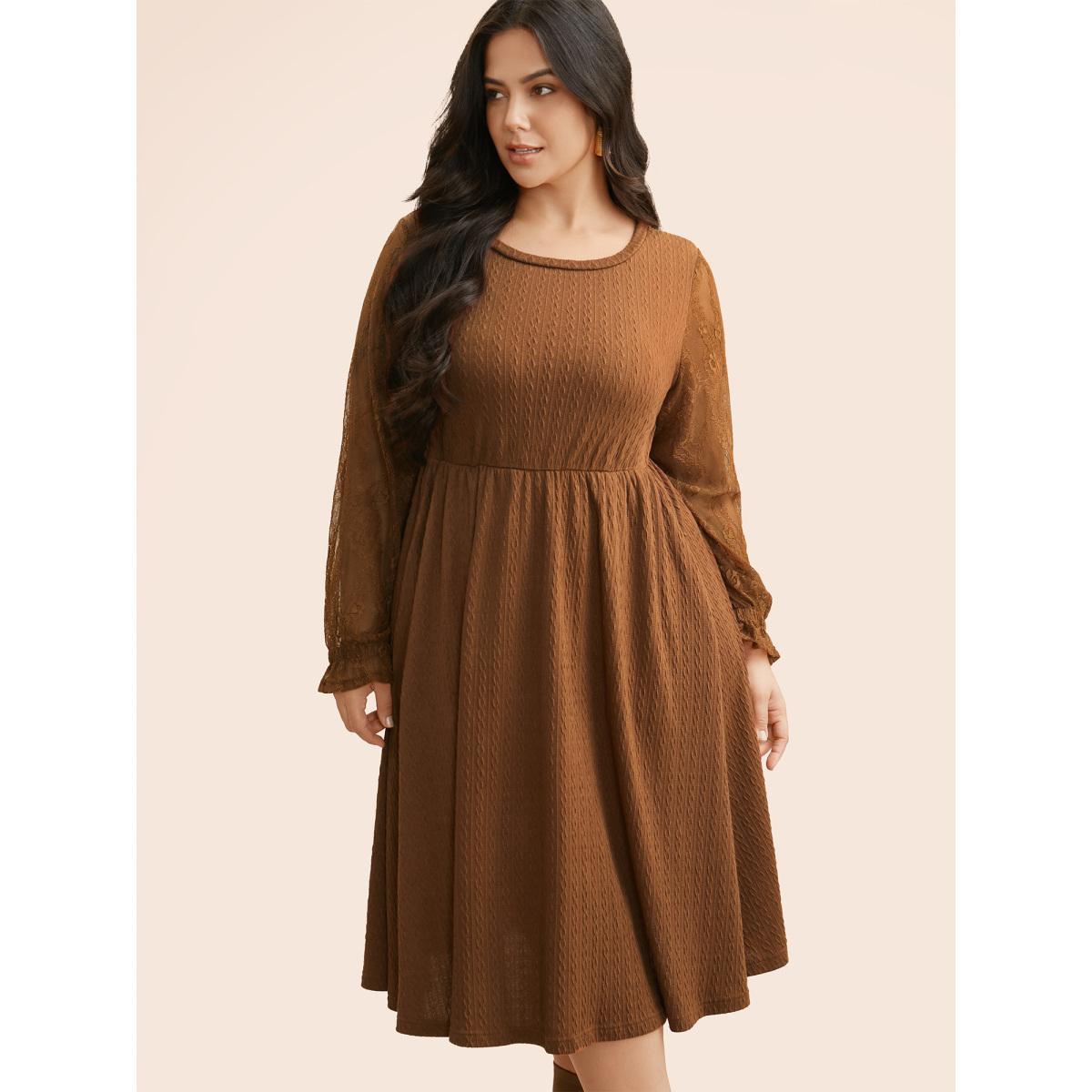 Plus Size Textured Mesh Patchwork Ruffles Dress Yellowishbrown Women Timeless Woven ribbon&lace trim Round Neck Extra Long Sleeve Curvy BloomChic 12/L Product Image