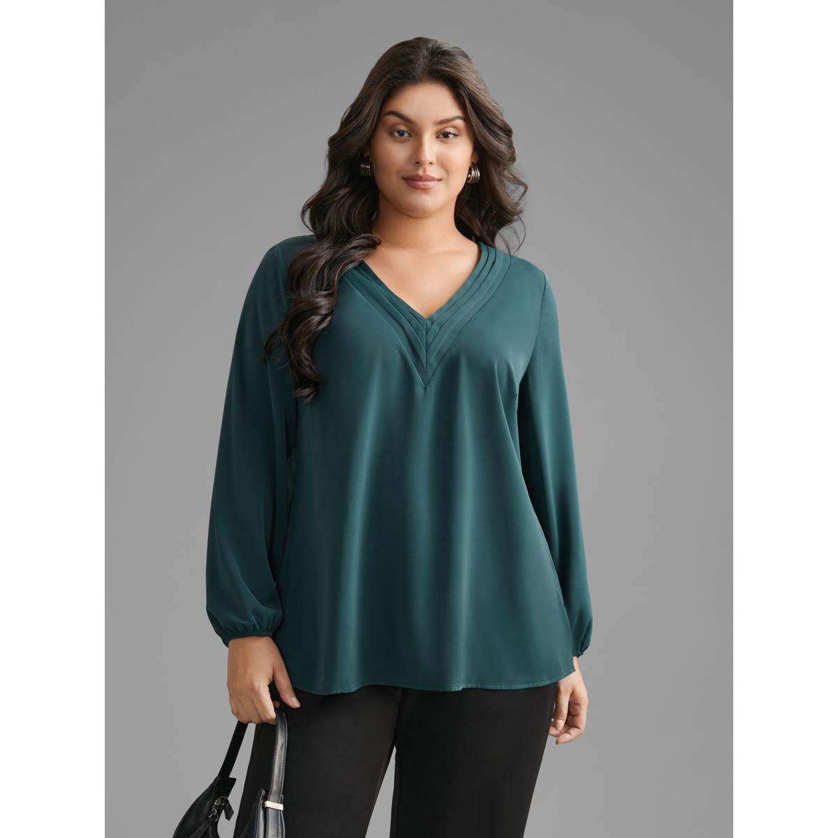 Plus Size DarkSlateGray V Neck Pleated Lantern Sleeve Blouse Women At the Office Long Sleeve V-neck Office Blouses BloomChic 22-24/3X Product Image