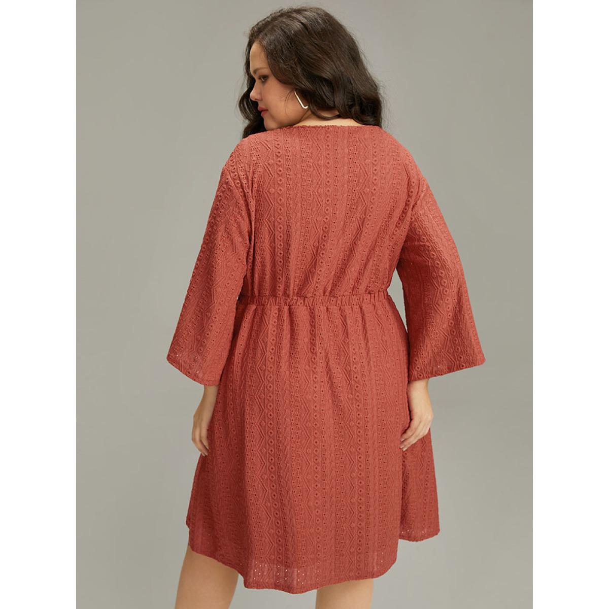 Plus Size Broderie Anglaise Button Through Pocket Dress Rust Women Casual Texture Round Neck Long Sleeve Curvy Knee Dress BloomChic 26/4X Product Image
